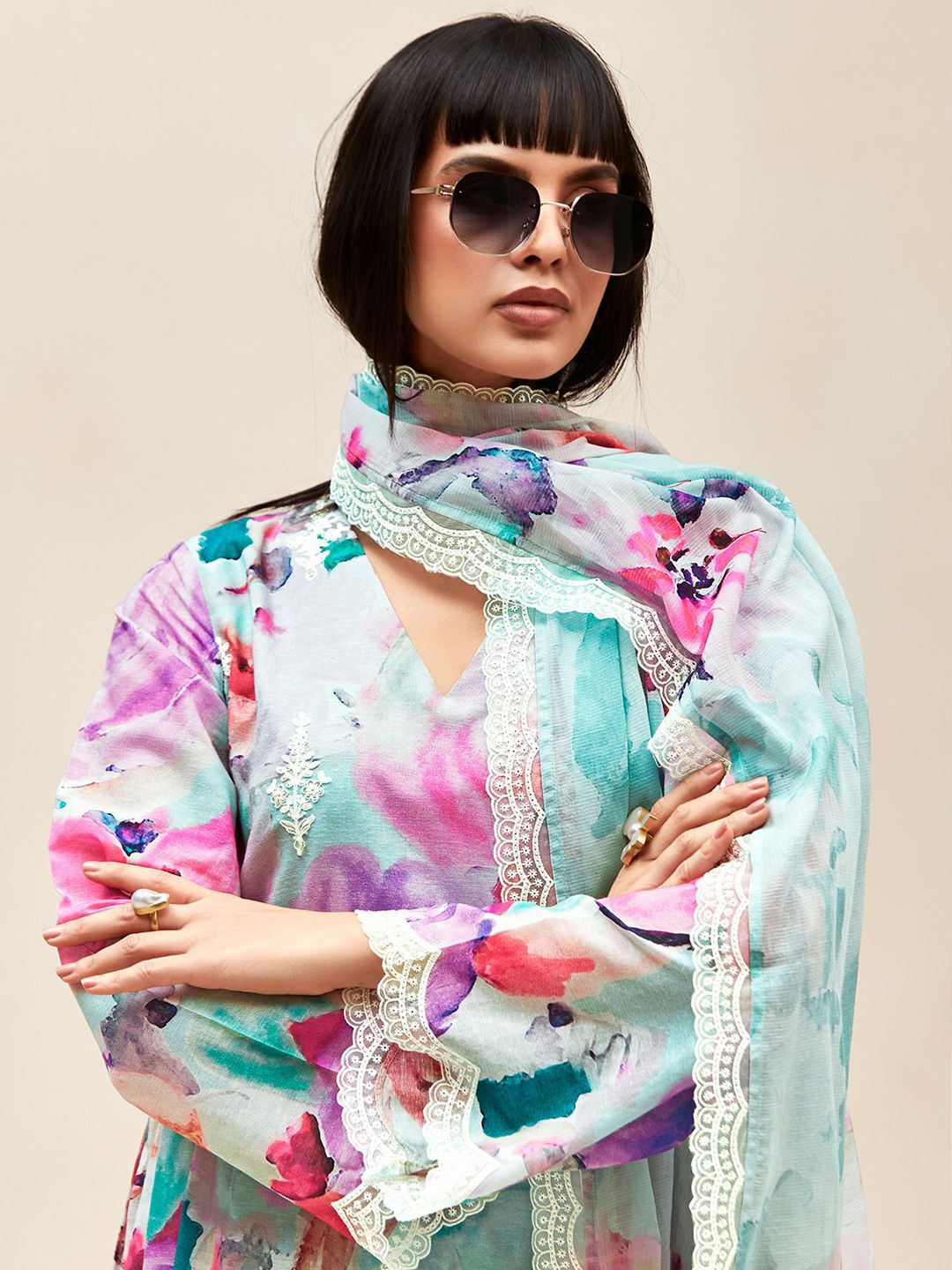 Indo Era Women Floral Embroidered Regular Thread Work Kurta with Trousers & With Dupatta