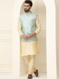 SOJANYA Mandarin Collar Silk Cotton Kurta With Churidar & Woven Design Nehru Jacket
