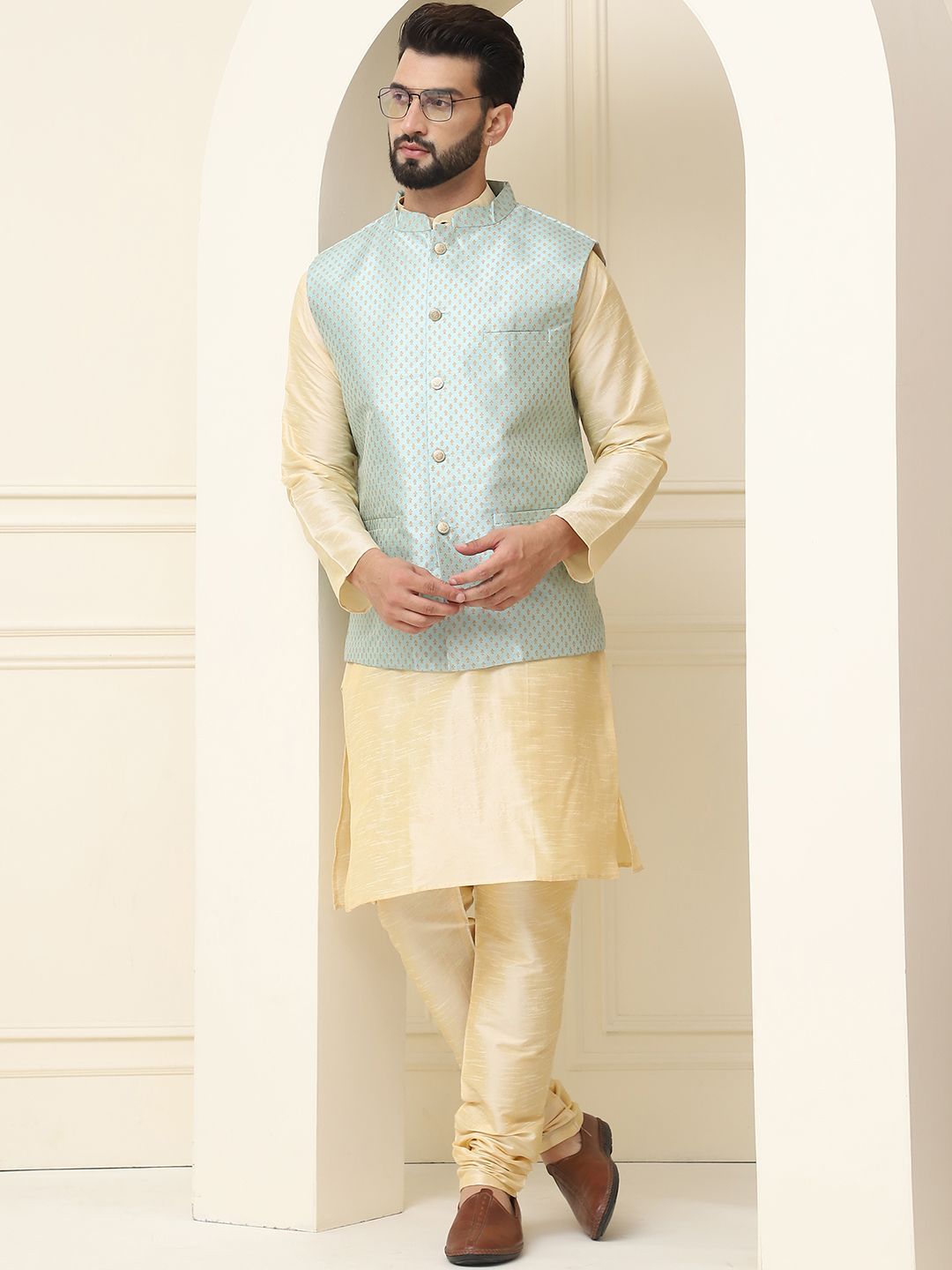 SOJANYA Mandarin Collar Silk Cotton Kurta With Churidar & Woven Design Nehru Jacket