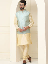 SOJANYA Mandarin Collar Silk Cotton Kurta With Churidar & Woven Design Nehru Jacket