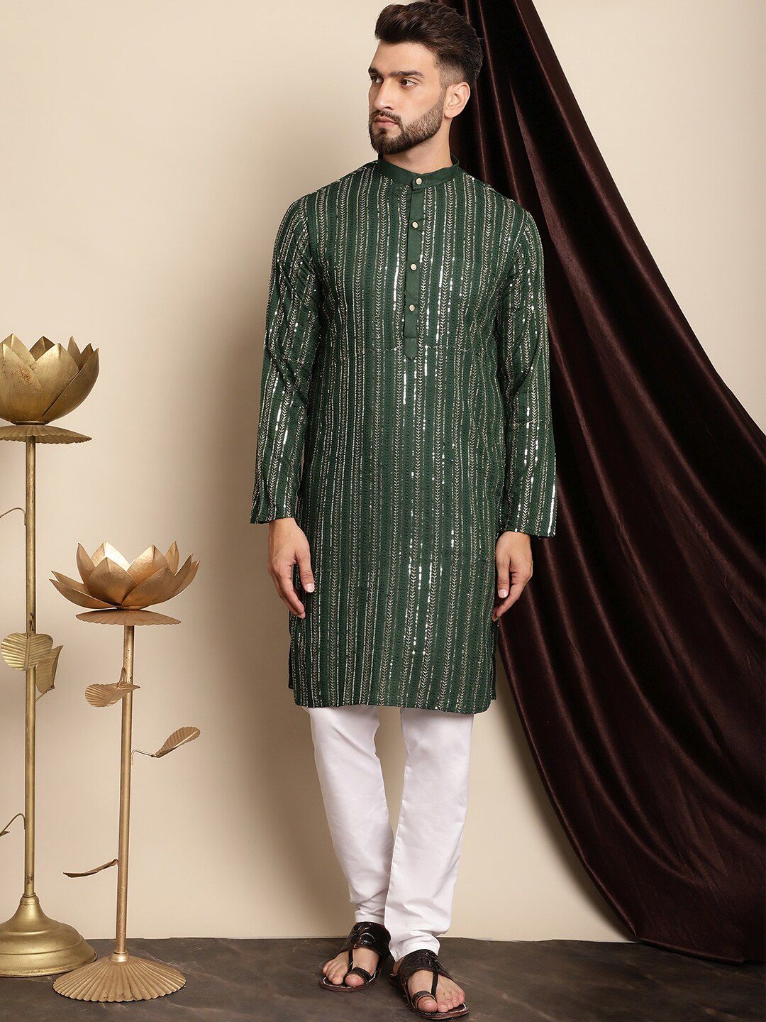 Anouk Embroidered Band Collar Pure Cotton Regular Kurta with Churidar
