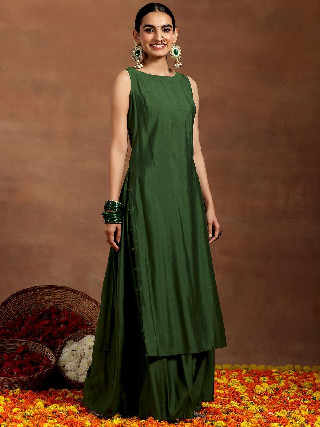 Libas Boat Neck Sleeveless Straight Kurta With Palazzo & Dupatta