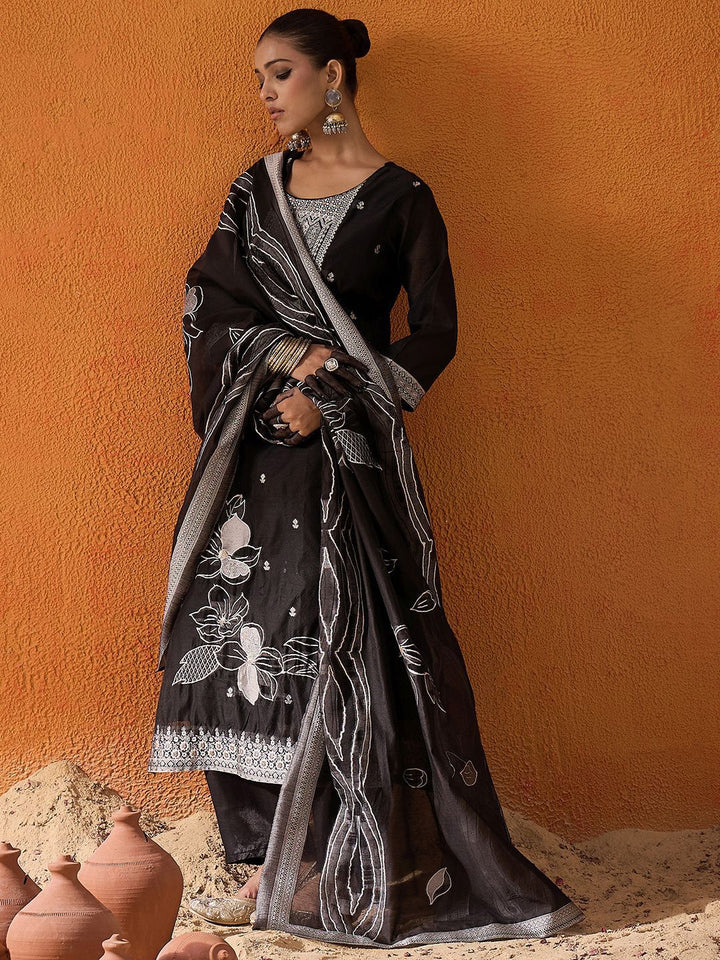 Indo Era Floral Woven Design Thread Work Straight Kurta With Trousers & Dupatta