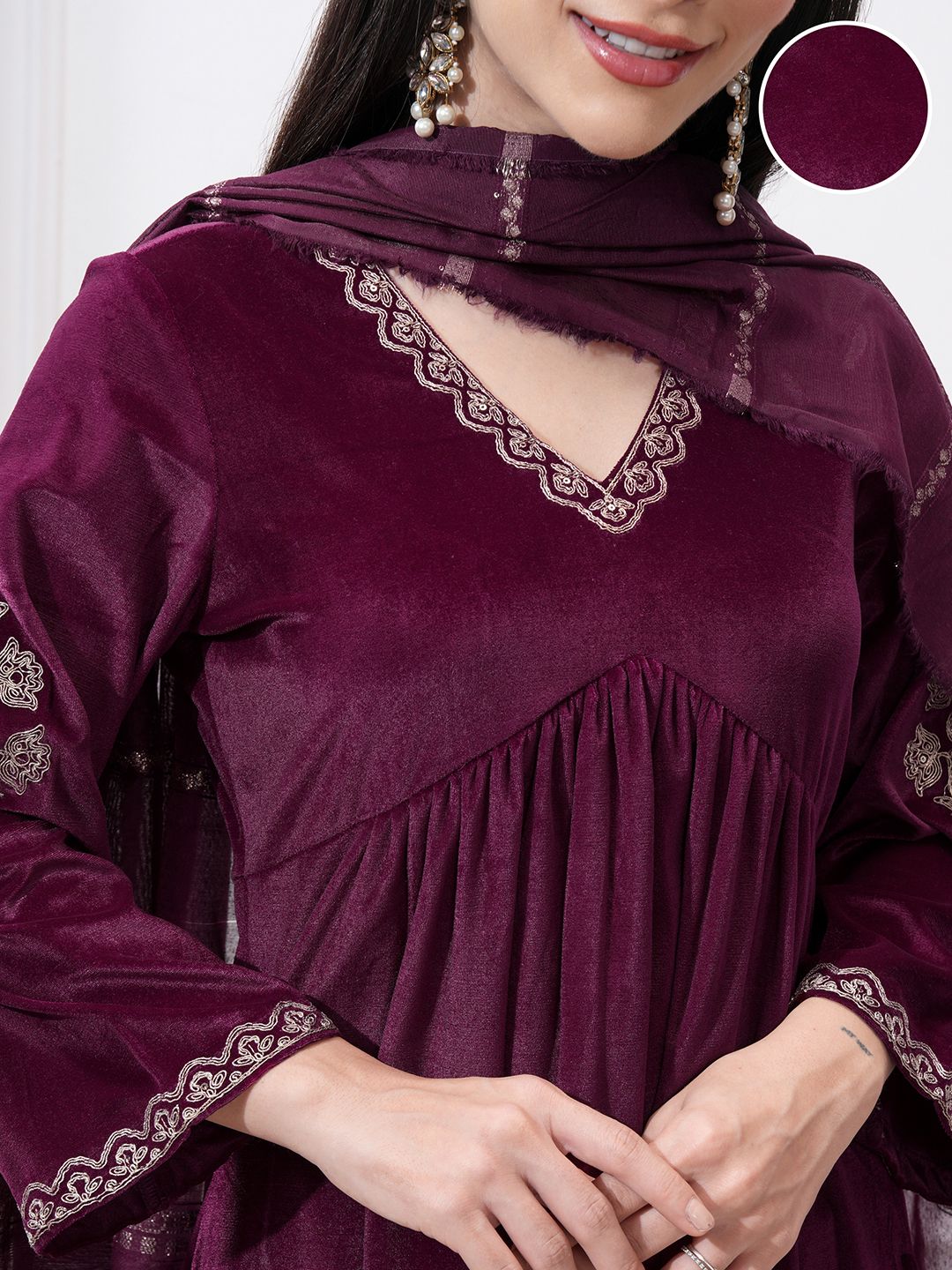 Vishudh Women Ethnic Motifs Embroidered Regular Kurta with Trousers & With Dupatta