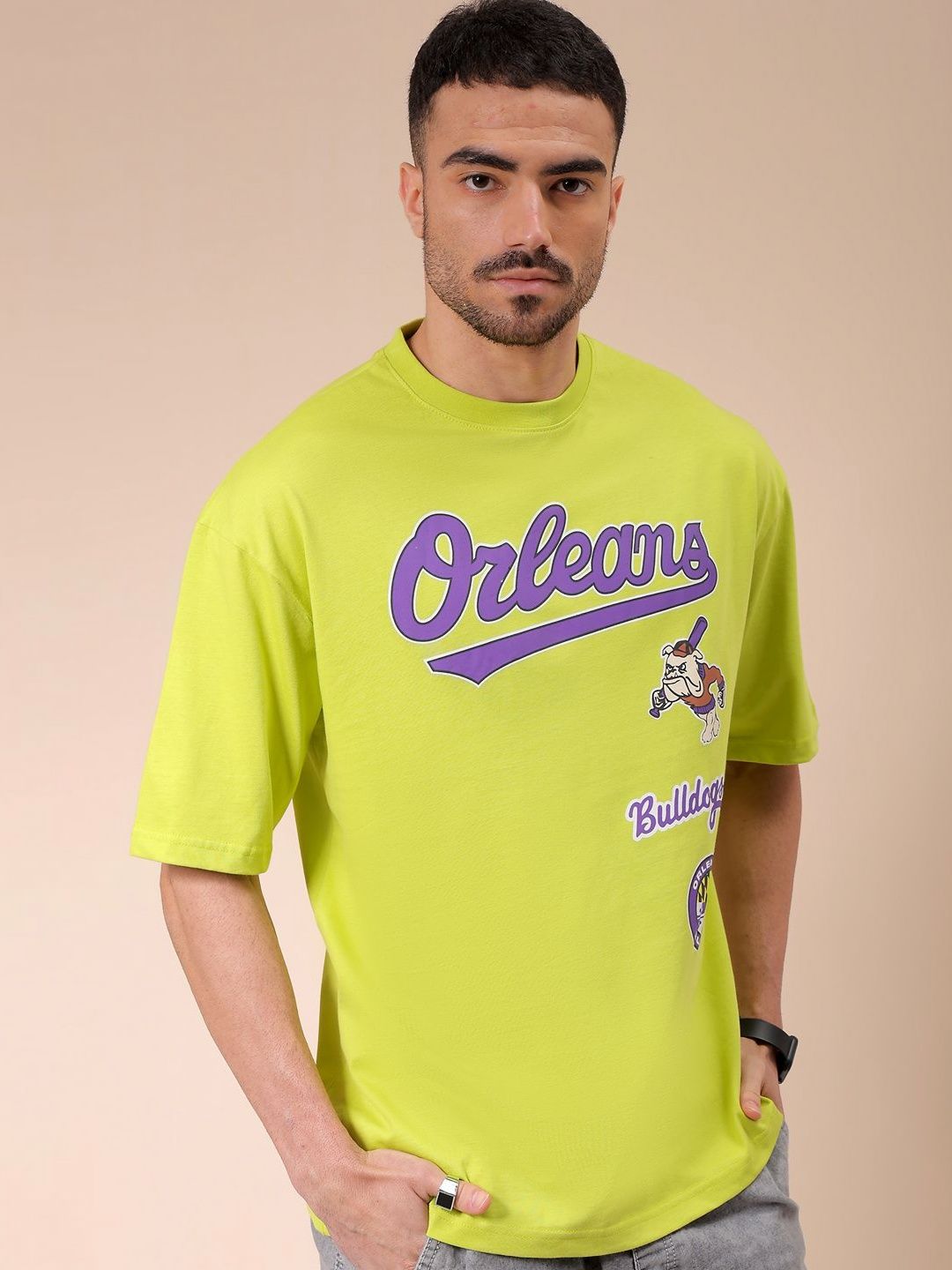 The Indian Garage Co Men Typography Printed Round Neck Cotton Oversized T-shirt