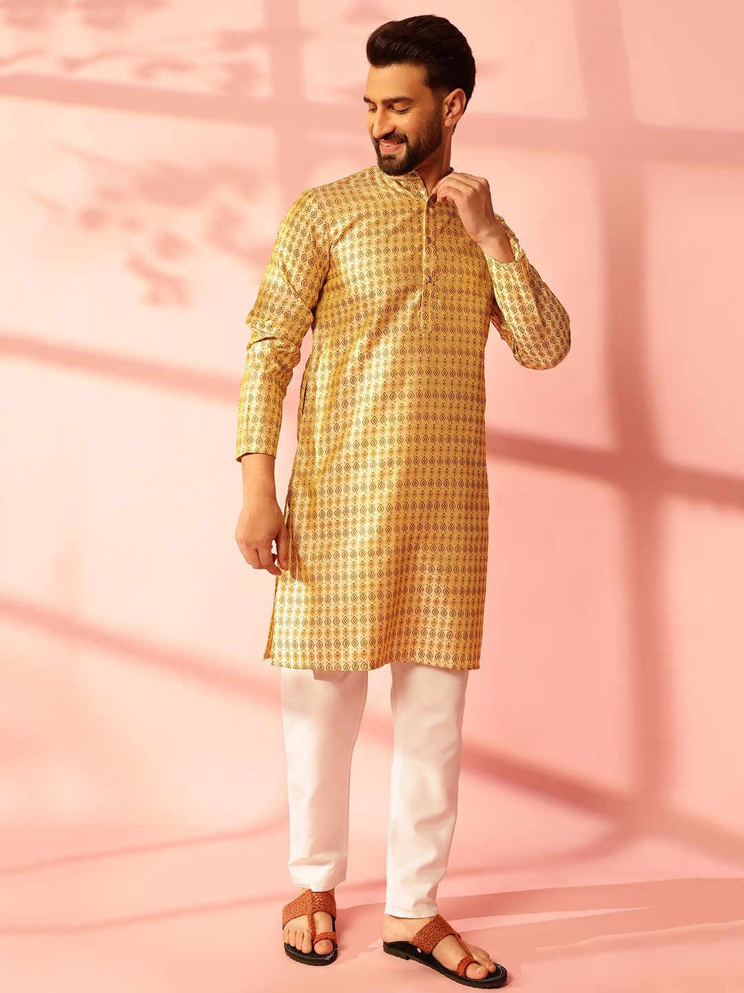 Anouk Ethnic Motifs Woven Design Band Collar Cotton Silk Straight Kurta