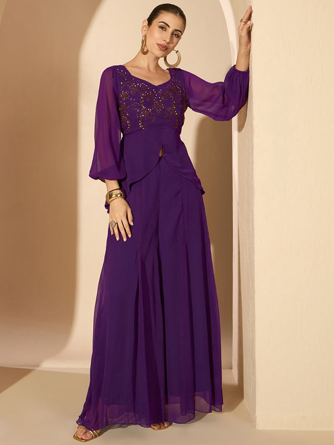 Antheaa Purple Embellished V-Neck Top & Palazzo