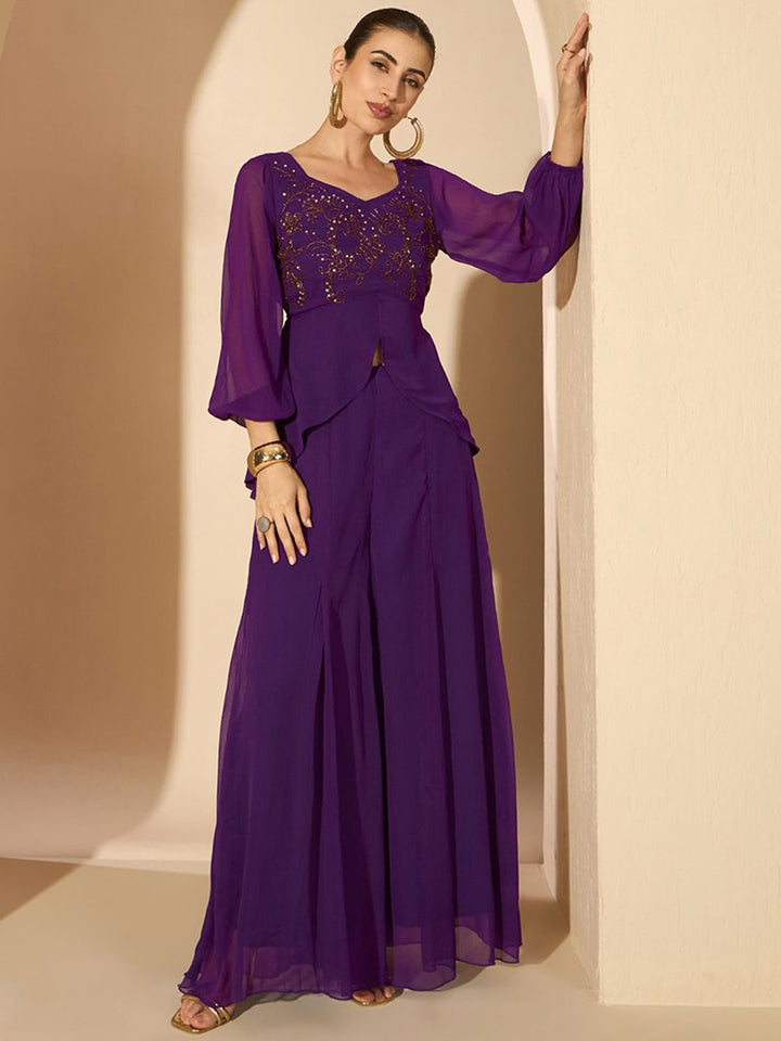 Antheaa Purple Embellished V-Neck Top & Palazzo