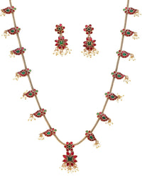 Karatcart Gold-Plated Stone Studded Floral Design Rani Haar Kalung dan Anting-anting