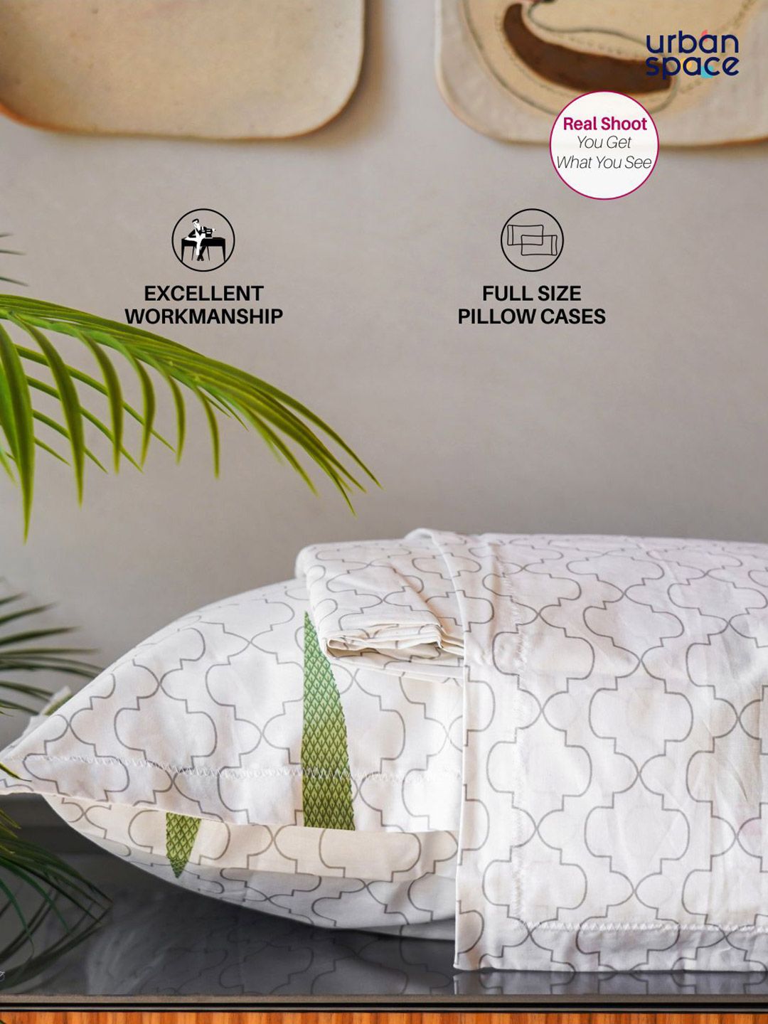 URBAN SPACE Green & White Floral 200 TC Queen Bedsheet with 2 Pillow Covers