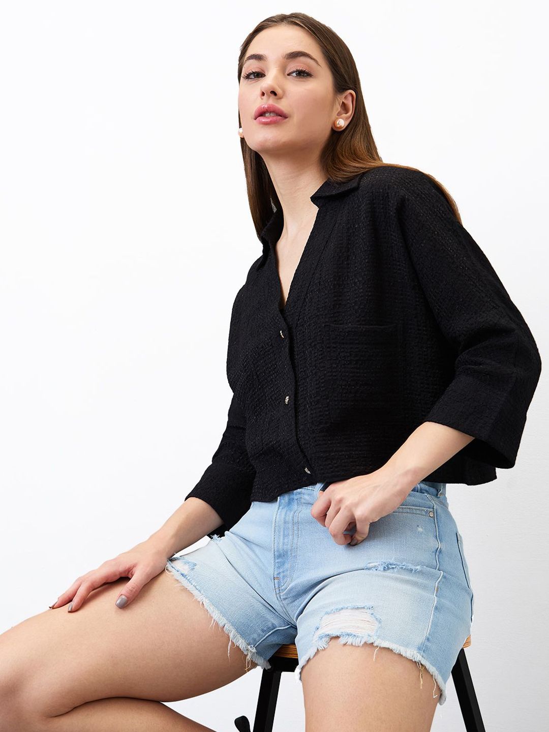 SPYKAR Women Boxy Fit Spread Collar Textured Casual Shirt