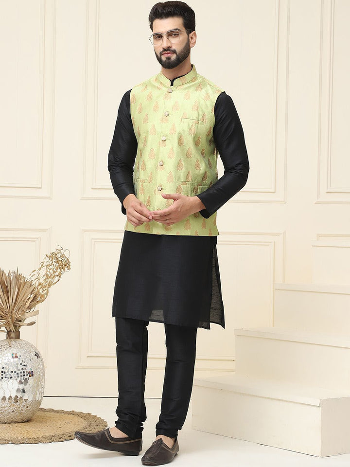 SOJANYA Mandarin Collar Silk Cotton Straight Kurta with Churidar & Nehru jacket