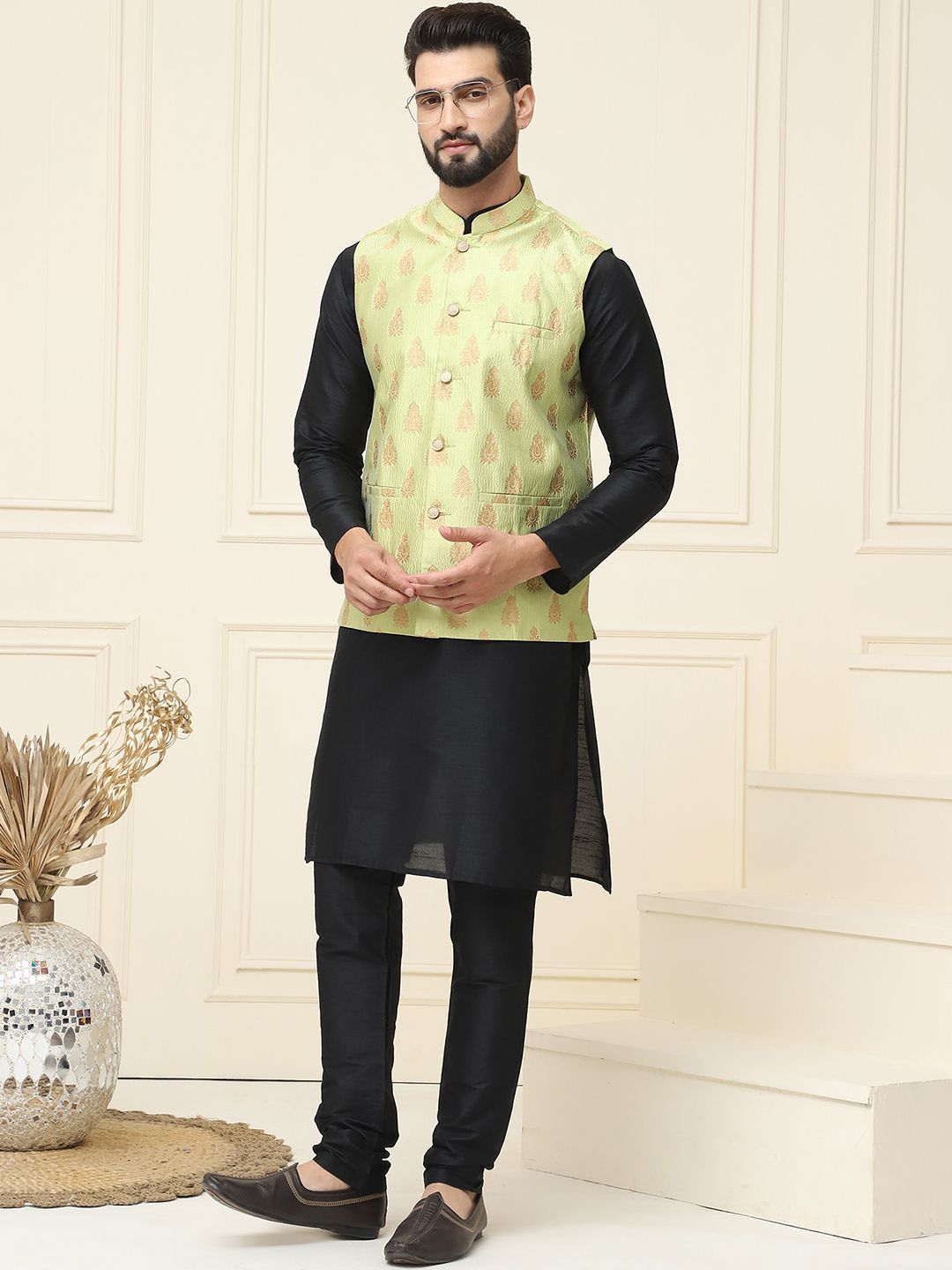SOJANYA Mandarin Collar Silk Cotton Straight Kurta with Churidar & Nehru jacket