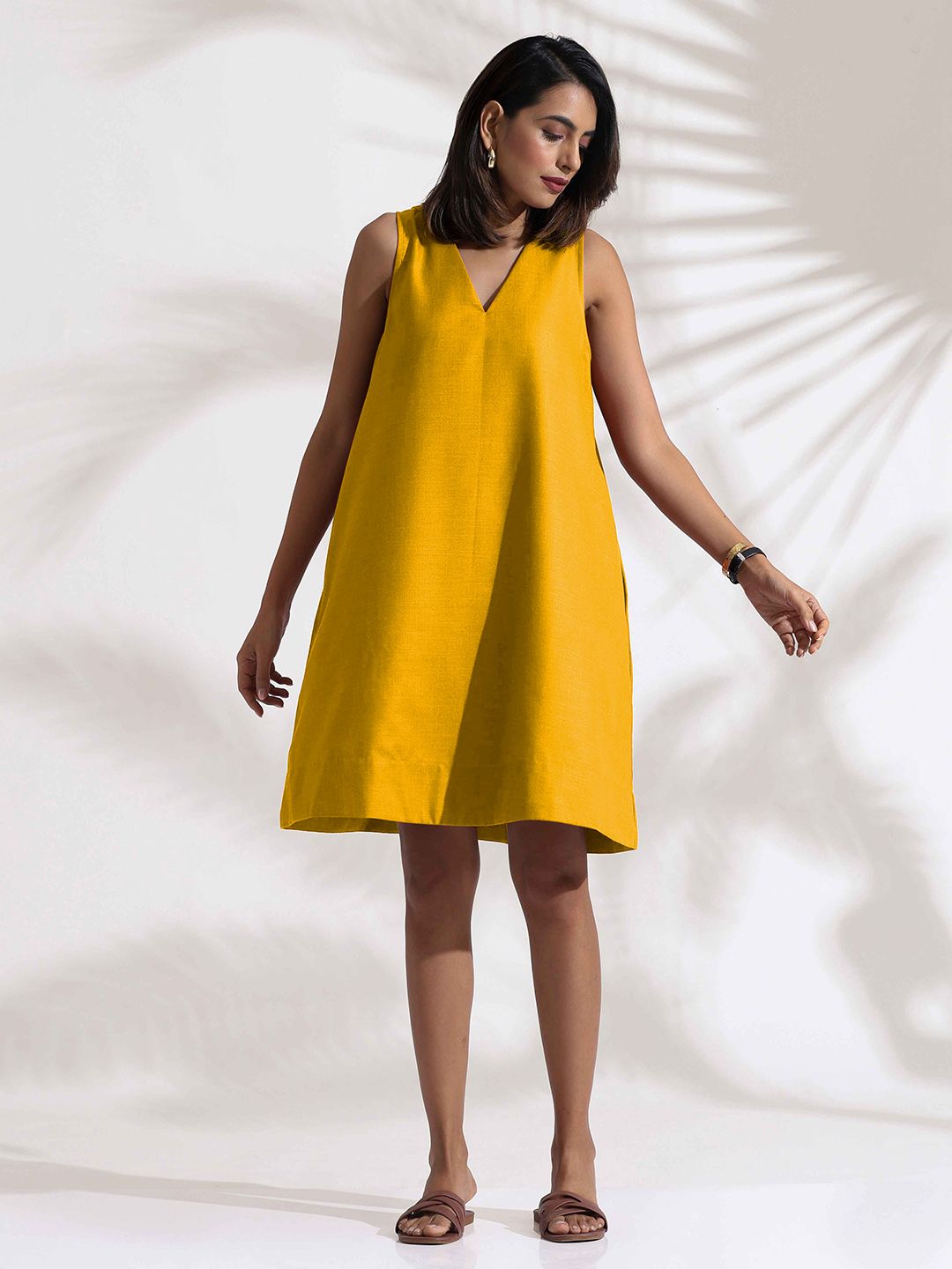 trueBrowns Women A-Line Mustard Cotton Blend Short Dress