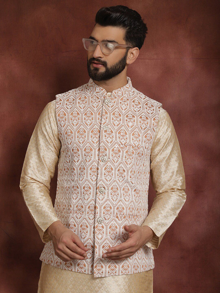 Anouk Men Mandarin Collar Geometic Printed Kurta With Pyjama & Embroidered Nehru Jacket