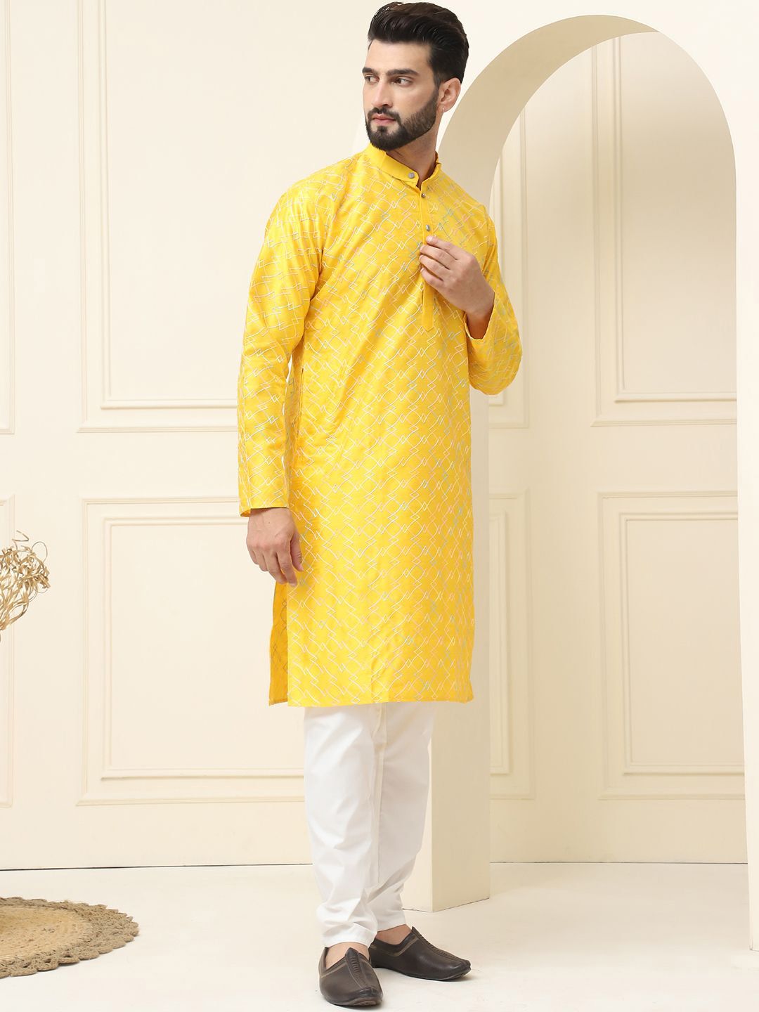 SOJANYA Kurta Lurus Sulam Sulam Geometrik Kapas Sutera dengan Piyama
