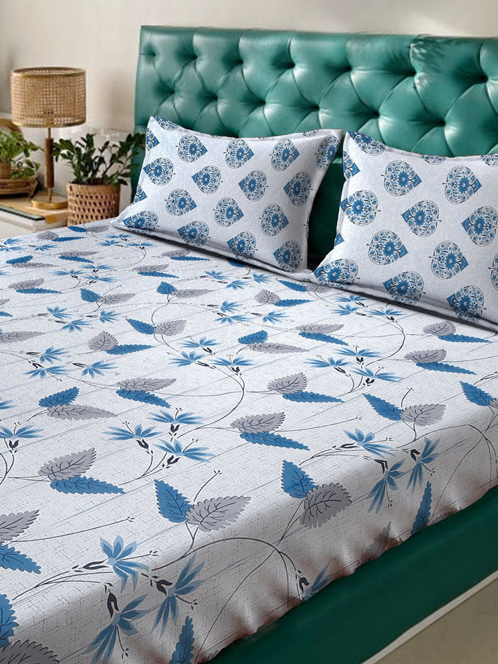 Myntra Elegant Homes Blue & White Floral 400 TC Fitted Cotton King Bedsheet Set