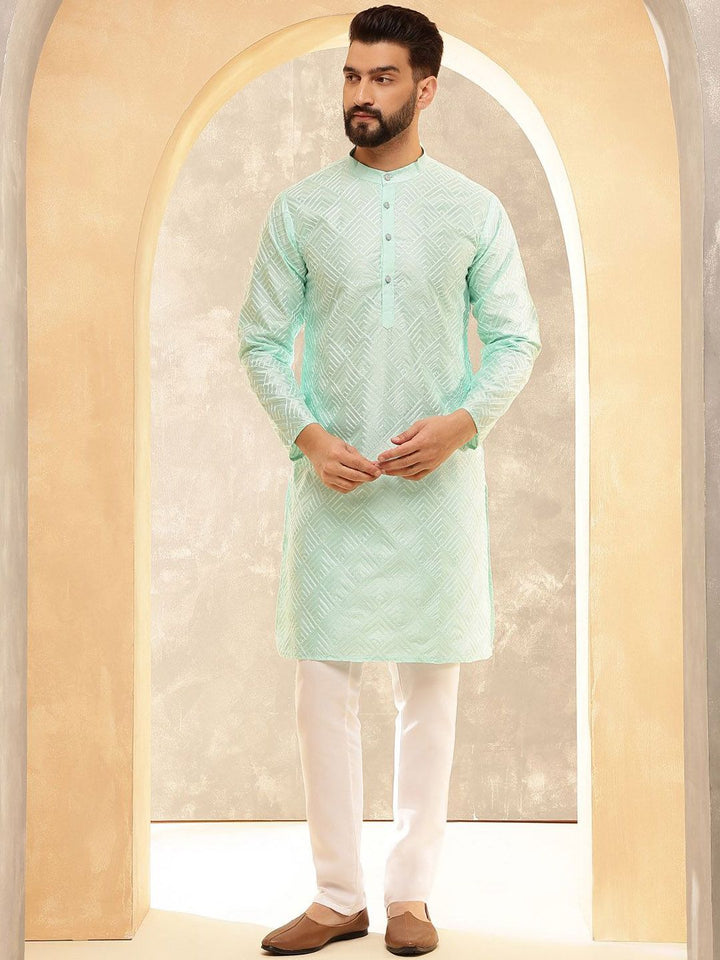 Anouk Sea Green & White Band Collar Geometric Embroidered Straight Kurta