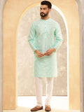Anouk Sea Green & White Band Collar Geometric Embroidered Straight Kurta