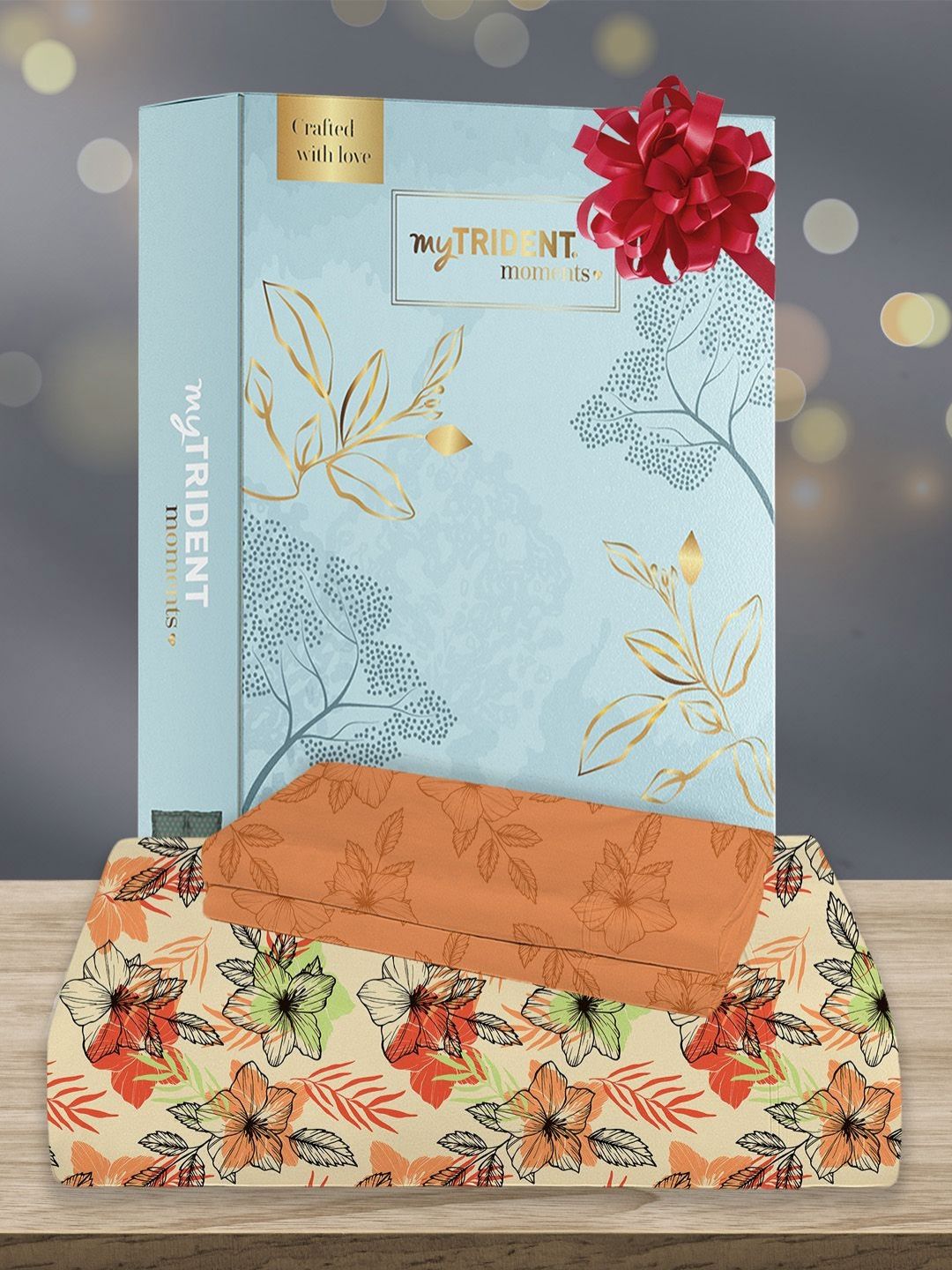 MYTRIDENT Flora Orange Moments Flat 120TC Queen Pure Cotton 1 Bedsheet with 2 Pillow Covers