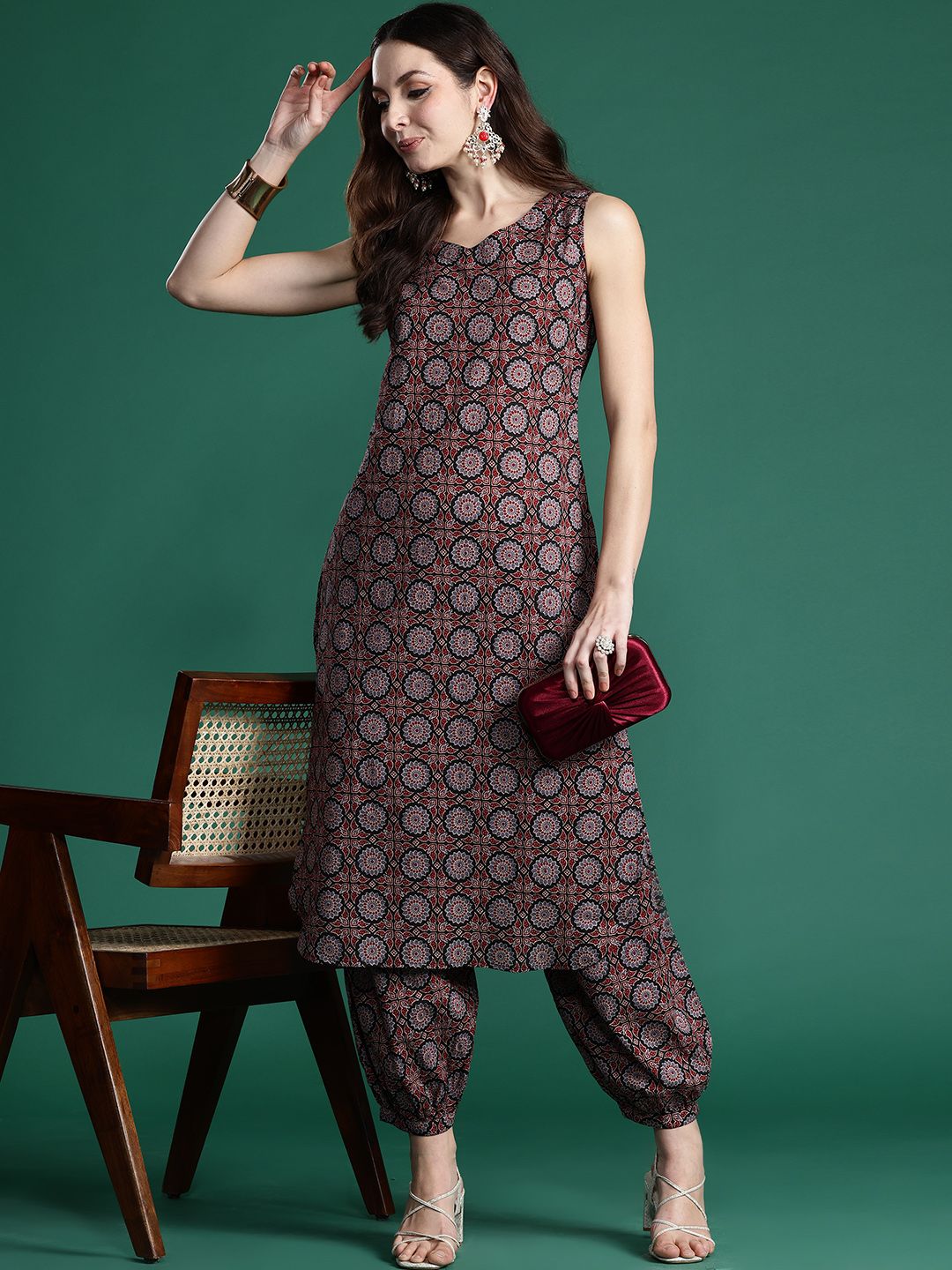 Indo Era Ajrakh Printed Regular Pure Cotton Kurta with Salwar