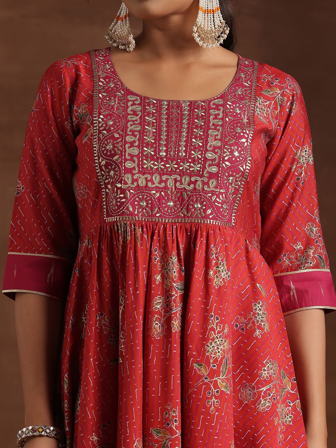 Libas Floral Printed Pleated Mirror Work Anarkali Kurta with Trousers & Dupatta