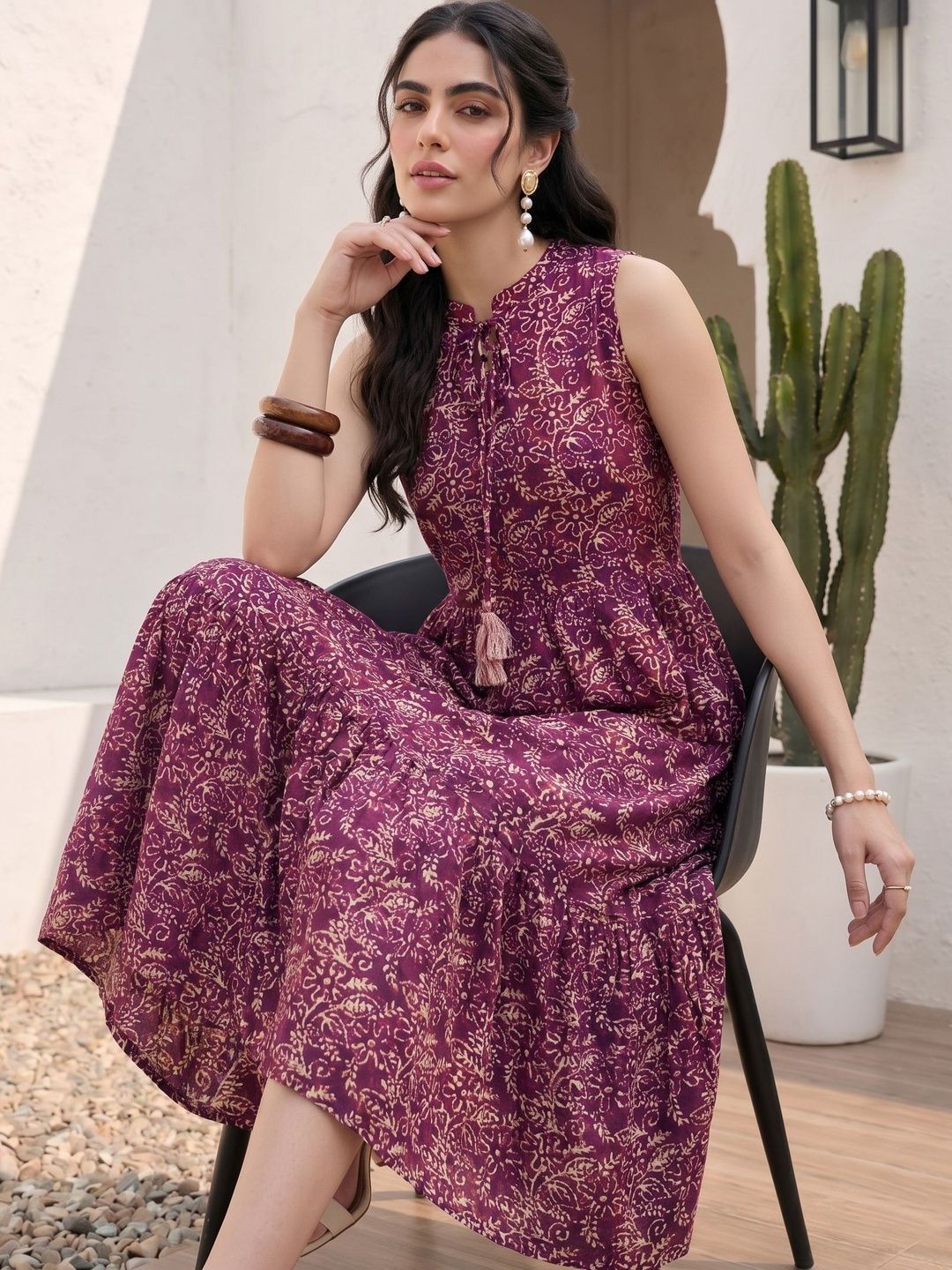 Mamicha Floral Print Tie-Up Neck Crepe A-Line Midi Dress
