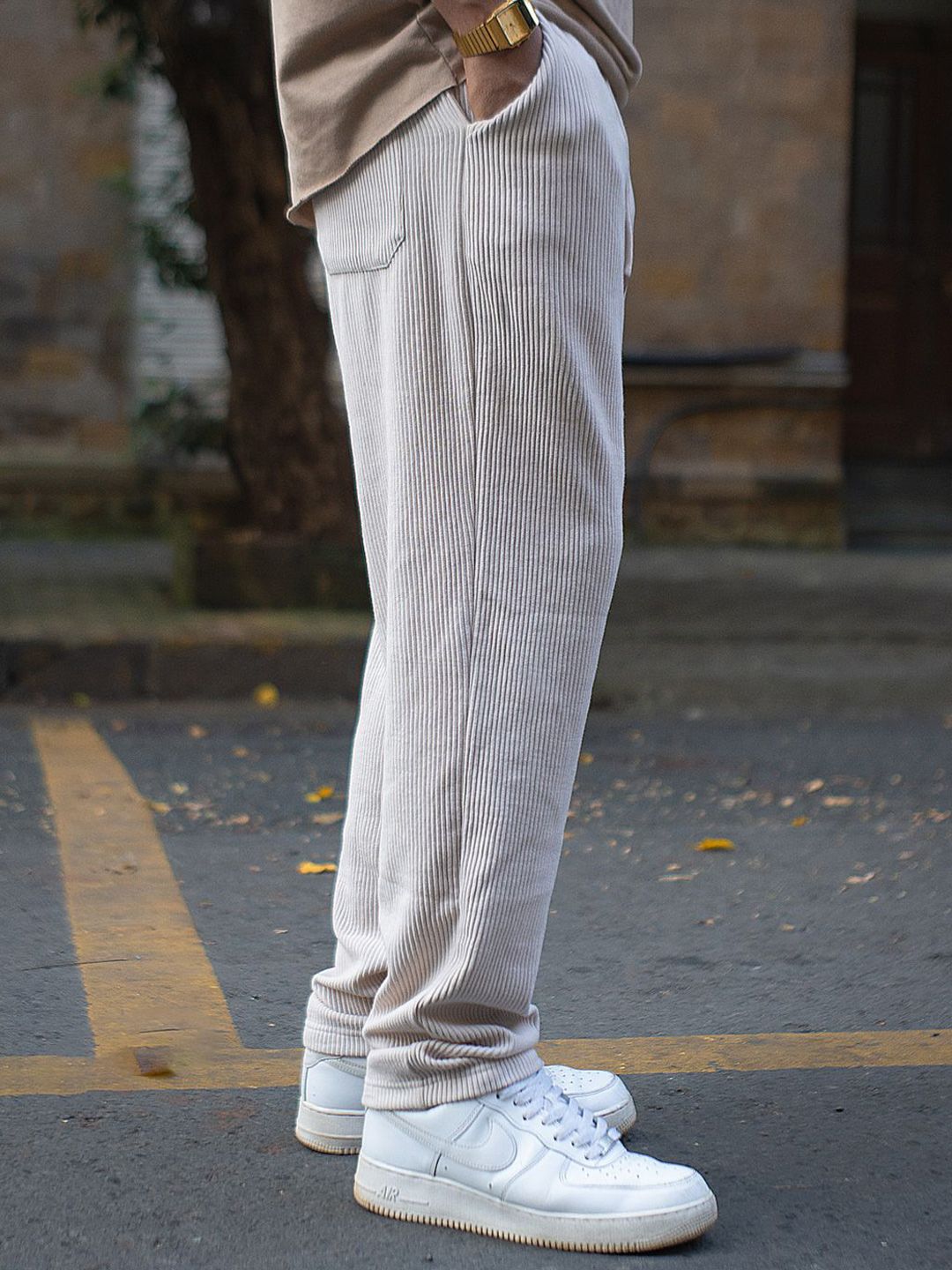 Powerlook Men Light Beige Corduroy Regular Fit Track Pant