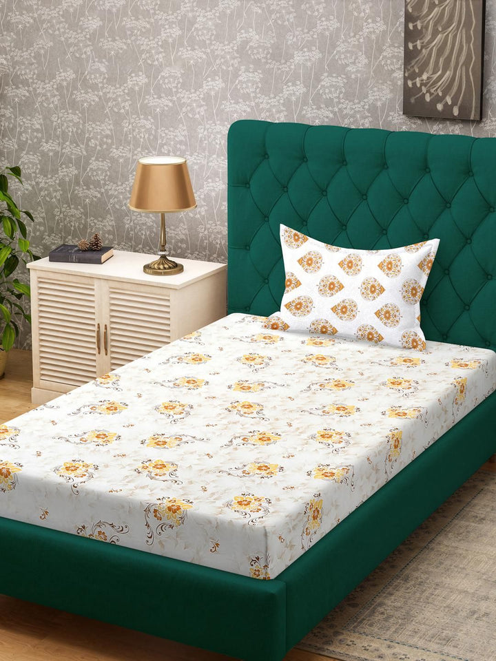 KLOTTHE Yellow Cotton Floral 400 TC Single Bedsheets
