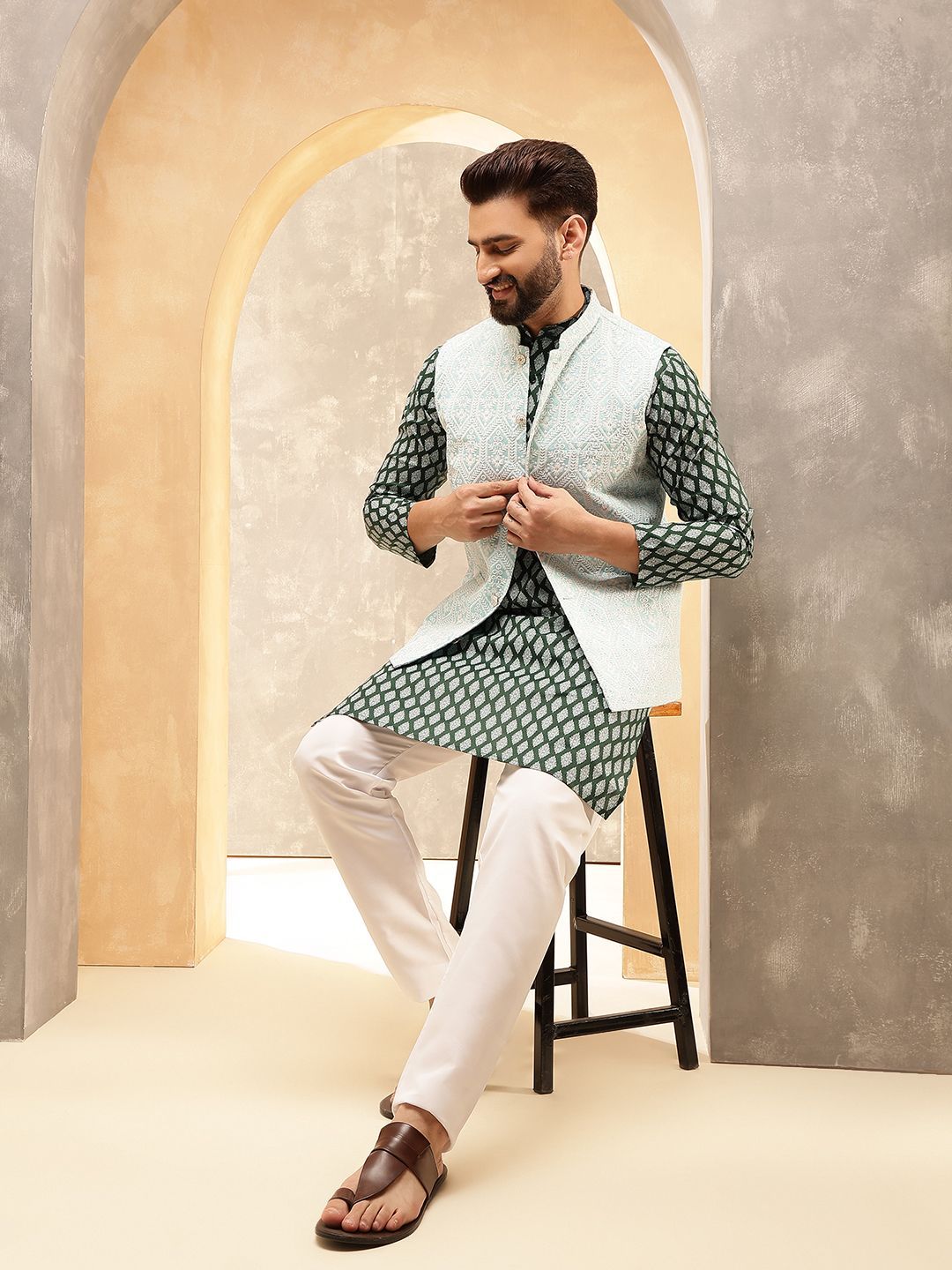 Anouk Green Ethnic Motifs Printed Pure Cotton Straight Kurta With Pyjamas