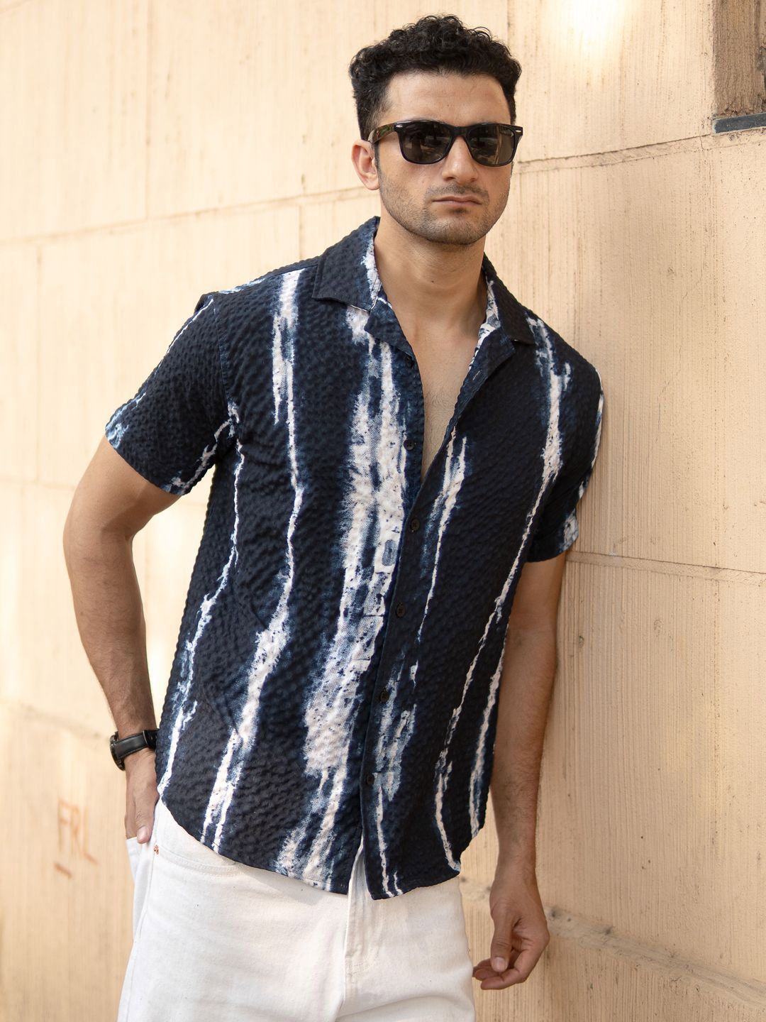 Powerlook Men Navy Blue Printed Regular Fit Half Sleeves Shirt