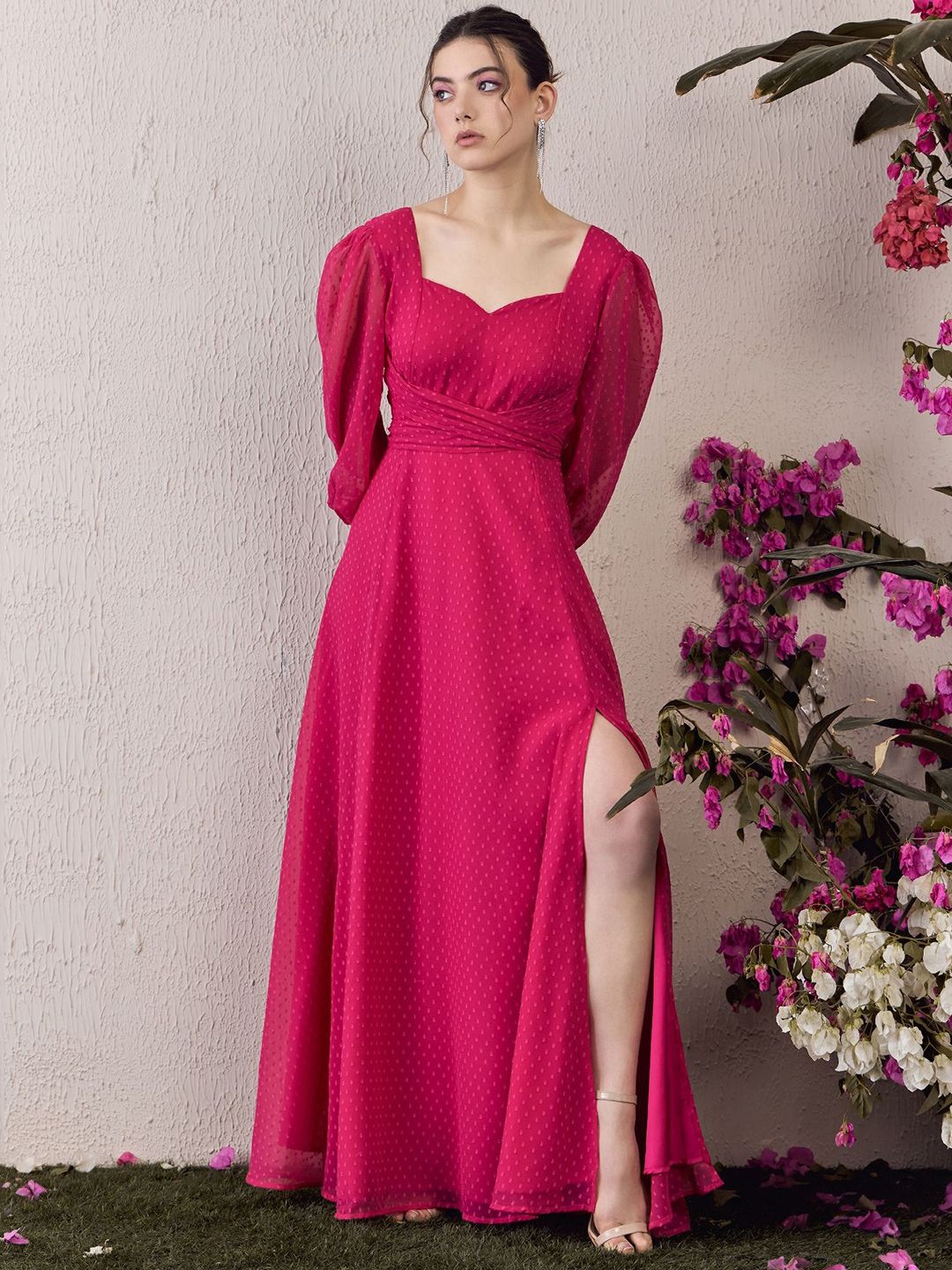Berrylush Women Solid Sweetheart Neck Bishop Sleeve Fit & Flared Maxi Dress