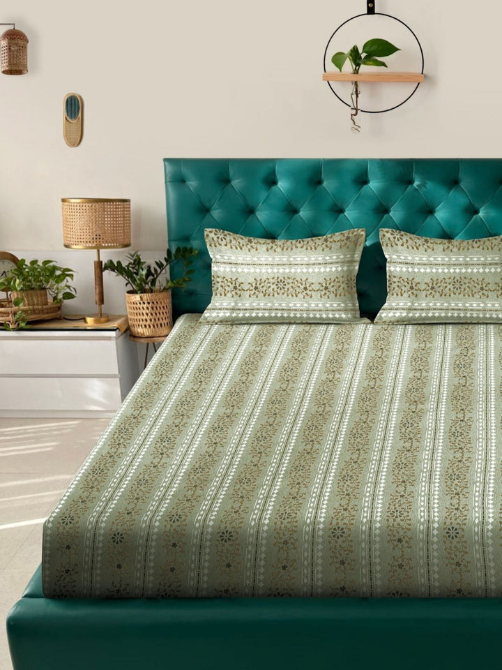 Myntra Elegant Homes Green Floral Pure Cotton 400 TC King Bedsheet Set 2.5m x 2.25m