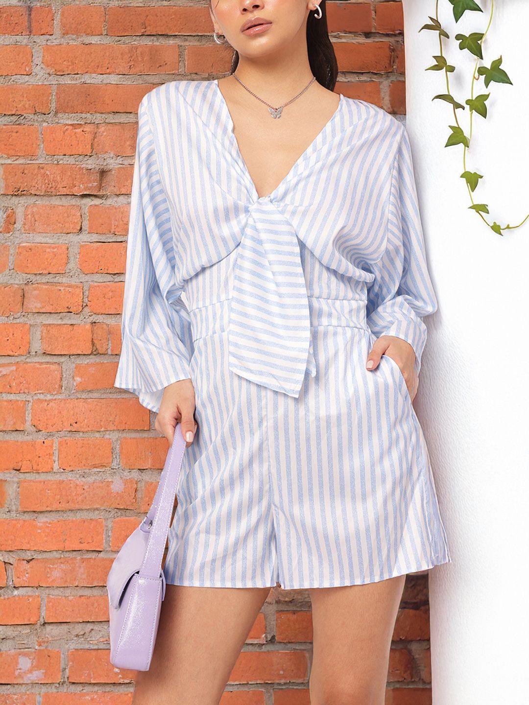 DressBerry Sassy & Stylish Tie-Up Striped Flared Sleeves Playsuit