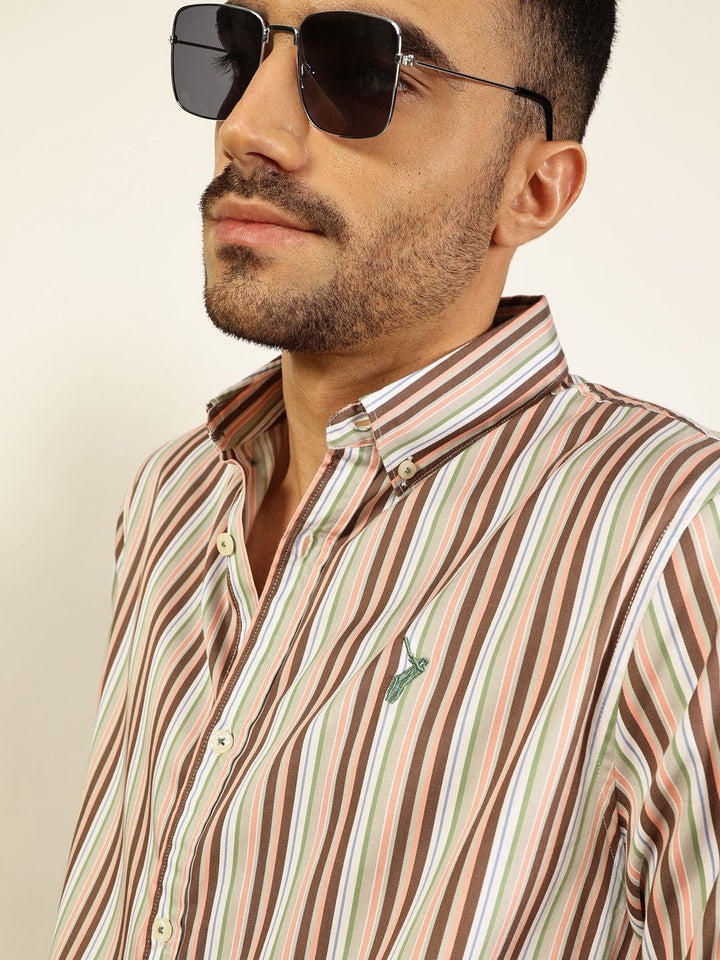 Thomas Scott Men Premium Spread Collar Multi Striped Cotton Slim Fit Casual Shirt