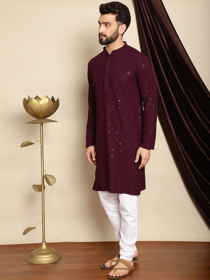 Anouk Geometric Embroidered Sequined Mandarin Collar Pure Cotton Kurta With Churidar