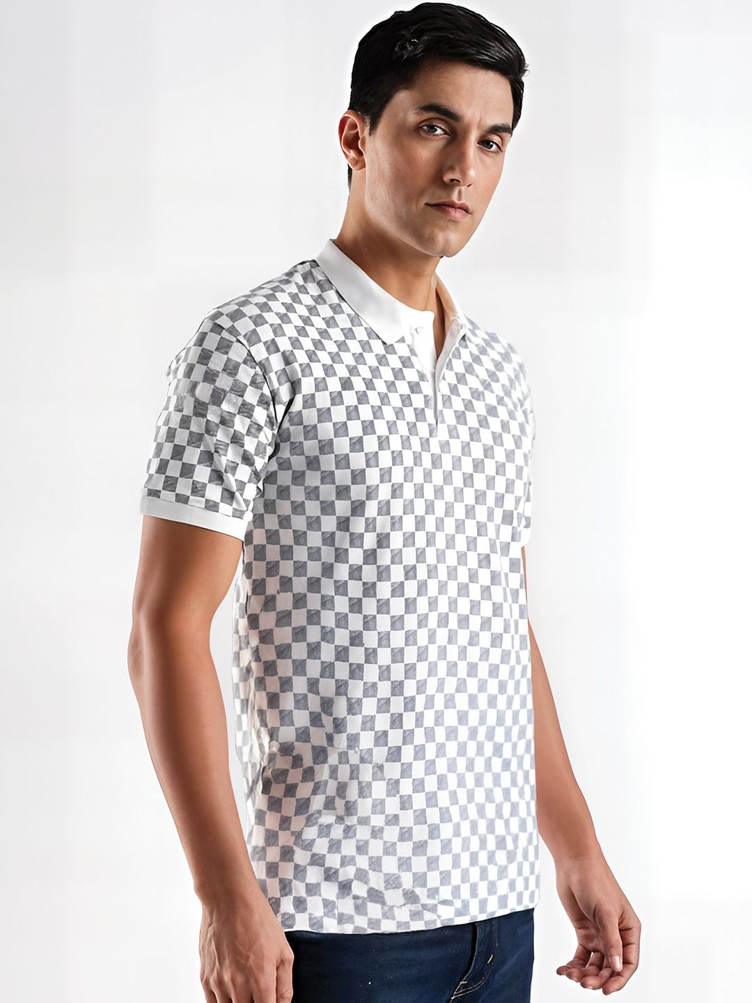 ADRO Checked Polo Collar Regular Fit Cotton T-shirt