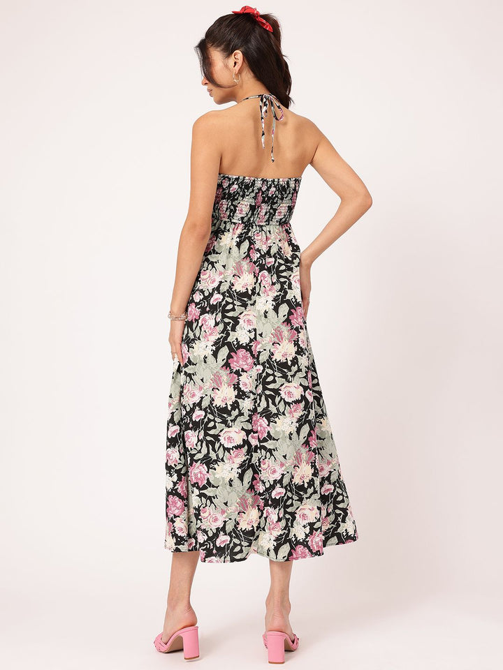 DressBerry Floral Finesse Halter Neck A-Line Midi Dress