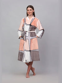 KLOTTHE Peach-Coloured & White Printed Long Sleeves Bath Robe With Belt