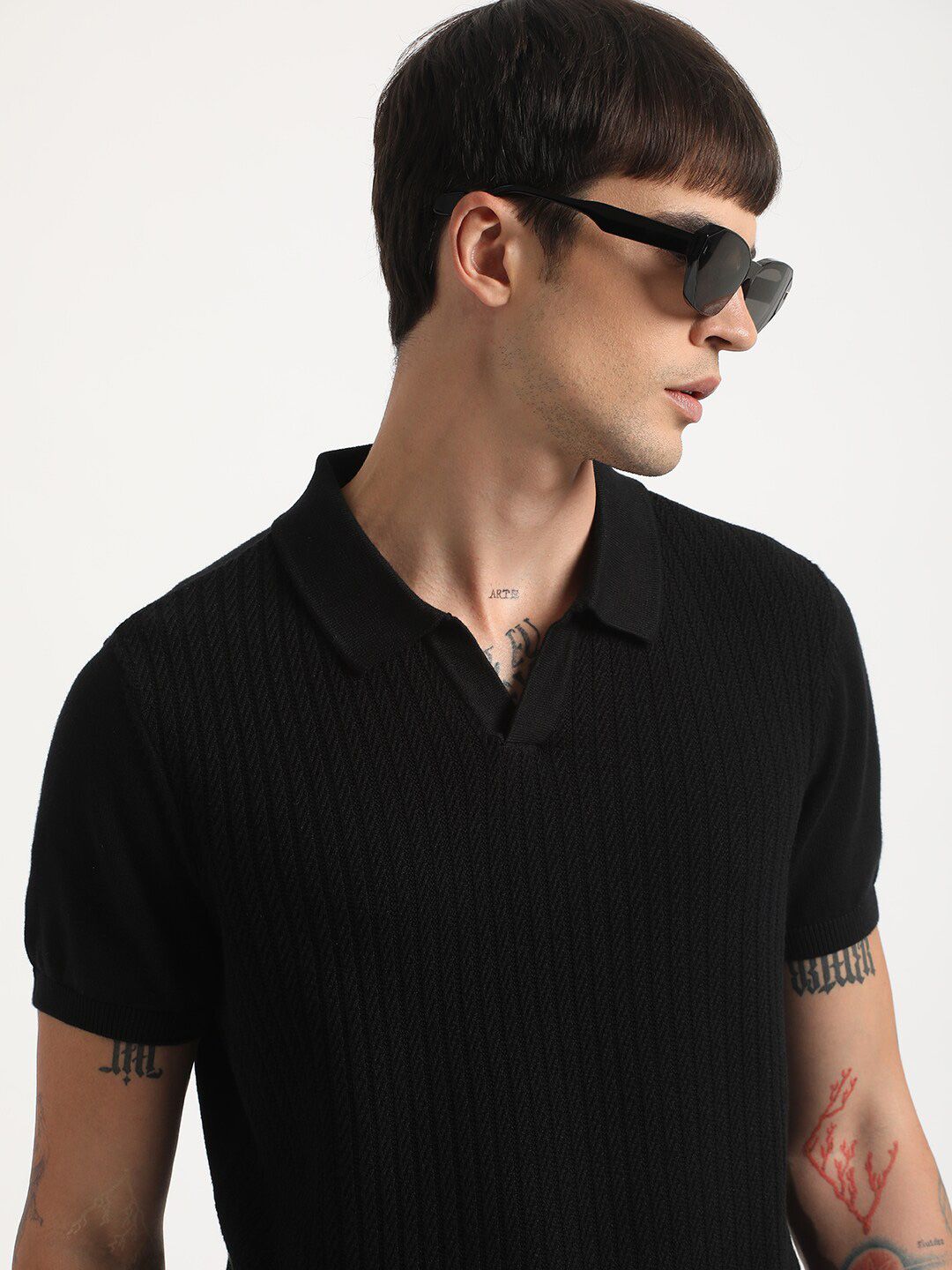 THE BEAR HOUSE Self Design Regular Fit Polo Collar Cotton T-shirt