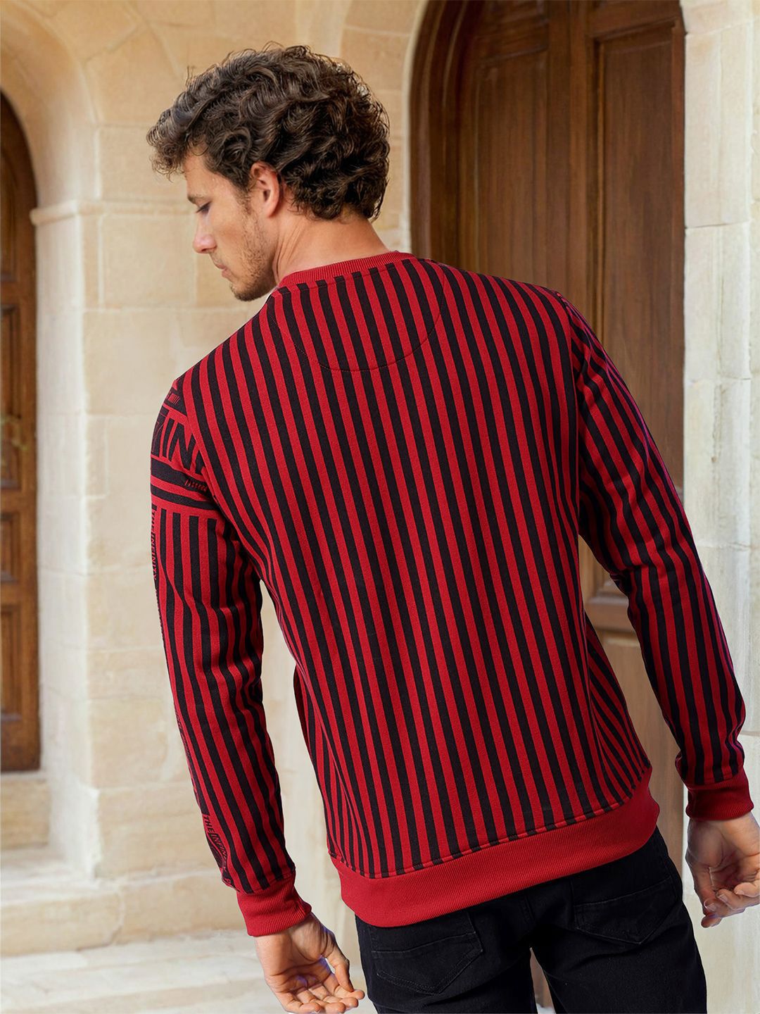 The Indian Garage Co Men Round Neck Striped Pullover Sweatshirt