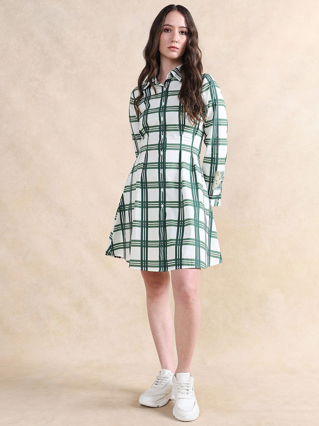 RAREISM Checked Printed Cotton Shirt Collar A-Line Dress