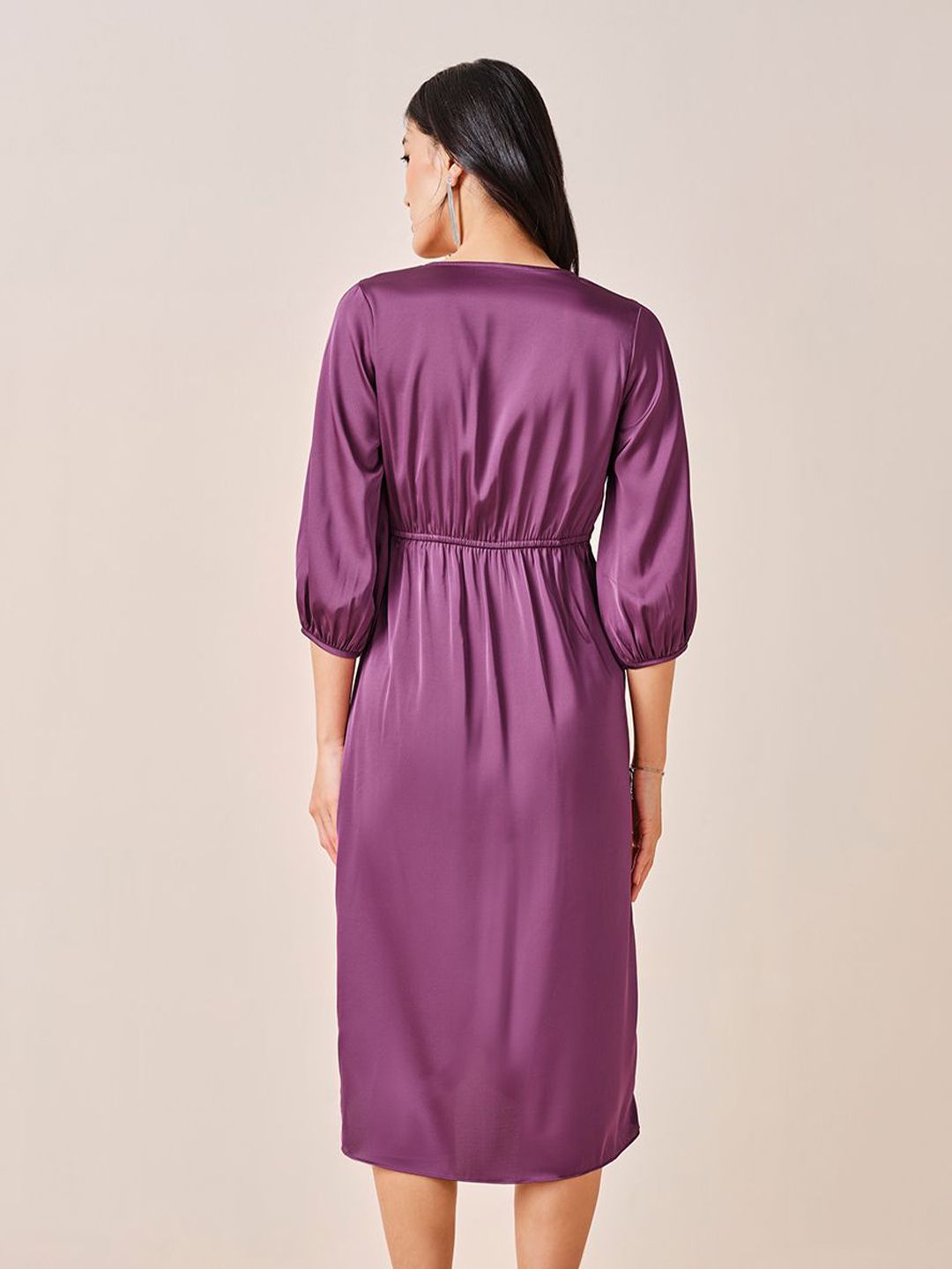 AND Women Solid V-Neck Puff Sleeve Wrap Midi Dress