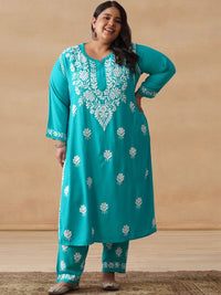 House of Chikankari Women Solid Green 2 Pieces Regular Kurta with Trousers Set