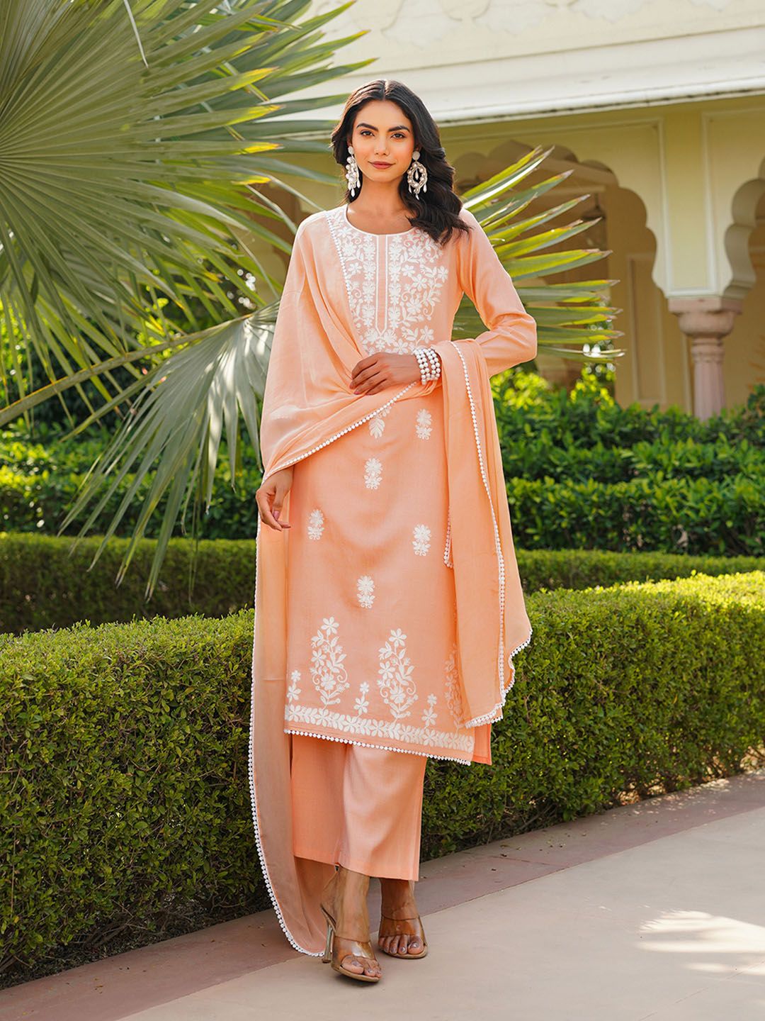 KALINI Floral Embroidered Round Neck Thread Work Kurta With Palazzos And Dupatta