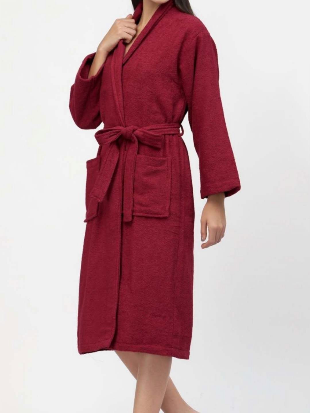 BOMBAY DYEING Maroon Pure Cotton Bath Robe With Waist belt