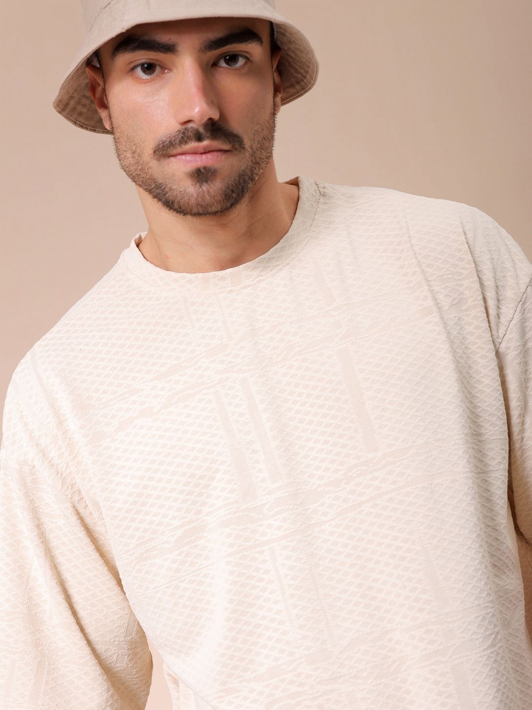 The Indian Garage Co Men Self Design Round Neck Oversized T-shirt