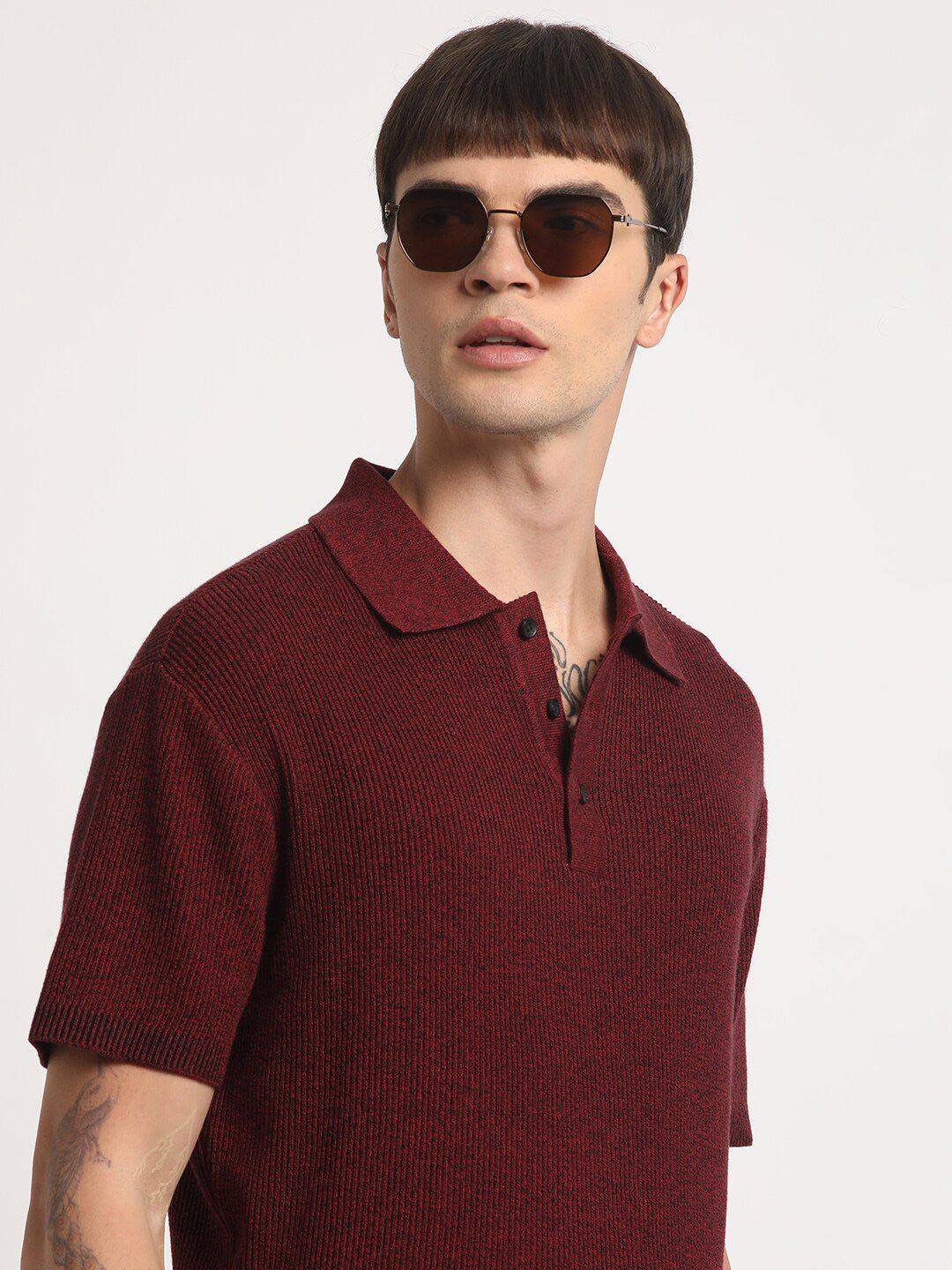 THE BEAR HOUSE Self Design Regular Fit Cotton Polo Collar T-shirt