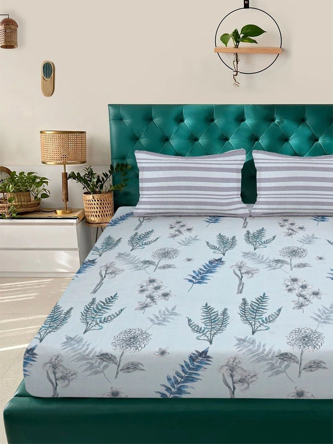 Myntra Elegant Homes Blue & Green Floral 300 TC King Double Bedsheet with 2 Pillow Covers