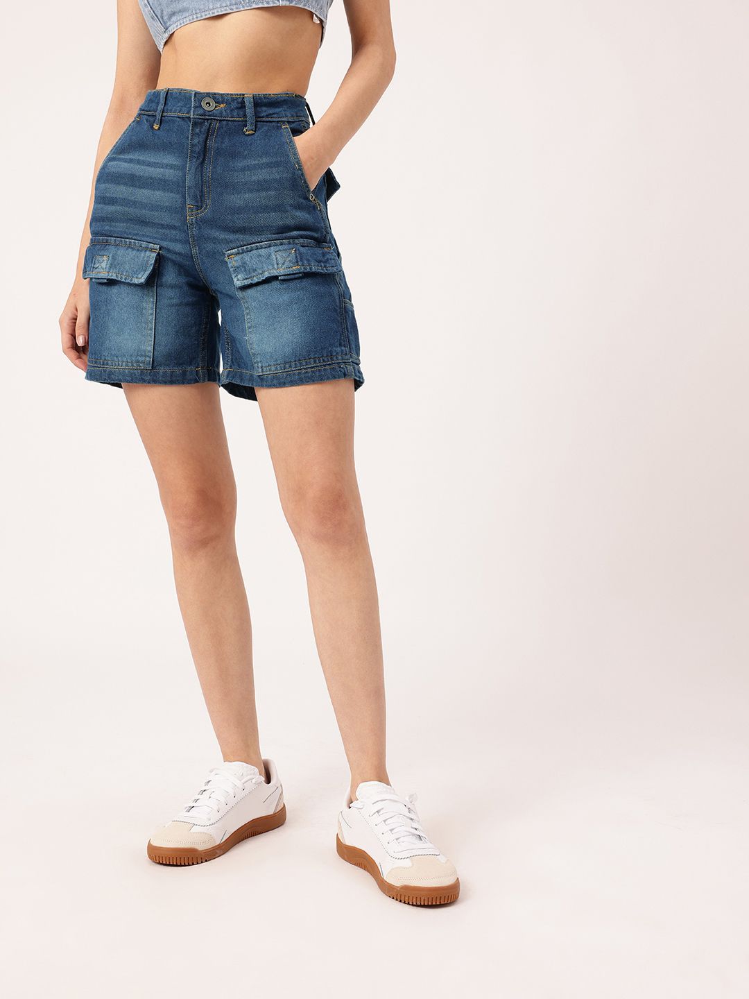 DressBerry Women Urban Edge Bermuda Fit Faded Denim Cargo Shorts